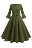 Dark Green Round Neck Pleated Long Sleeves 1950s Vintage Dress