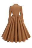 Army Green Notched Lapel Pleated 1950s Dress with Long Sleeves