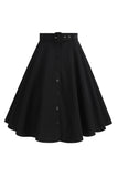 Black Button Front A Line Casual Midi Skirt