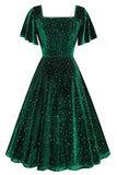 Dark Green Dotted Velvet Square Neck Flying Sleeve Midi Vintage Dress