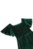 Dark Green Dotted Velvet Square Neck Flying Sleeve Midi Vintage Dress