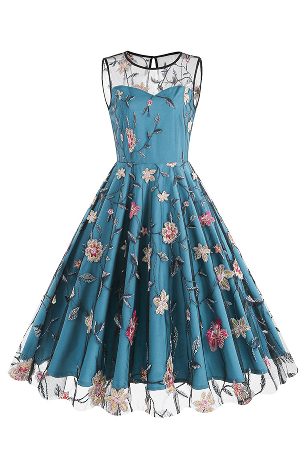 Zapaka Women Apricot Vintage Dress Elegant Floral Embroidered Sleeveless Midi 1950s Dress, Peacock Blue / 2XL Zapaka Women Apricot Vintage Dress Elegant Floral Embroidered Sleeveless Midi 1950s Dress, Peacock Blue / 2XL