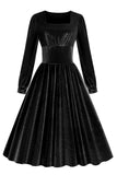 Black A Line Long Sleeves Pleated Vintage 1950s Dress