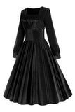 Black A Line Long Sleeves Pleated Vintage 1950s Dress