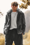 Dark Grey Faux Fur Turn Collar Zip Up Short Men Coat