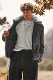 Dark Grey Faux Fur Turn Collar Zip Up Short Men Coat