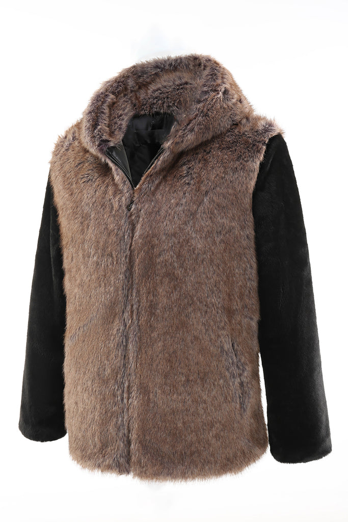 Zapaka Fluffy Brown Faux Fur Short Men's Coat with Hood ZAPAKA