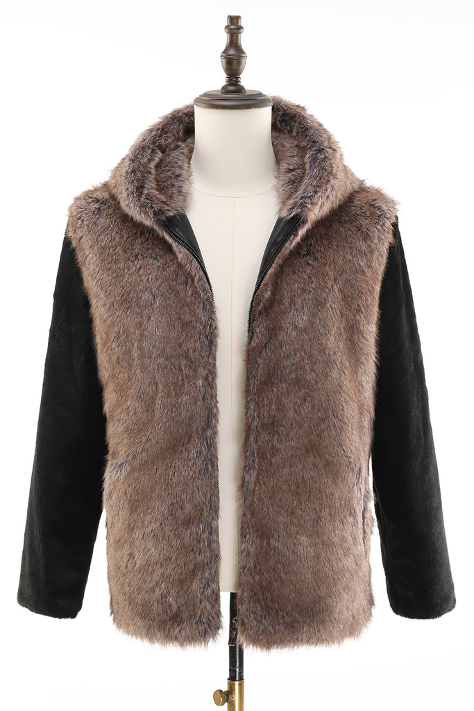 Zapaka Fluffy Brown Faux Fur Short Men's Coat with Hood ZAPAKA