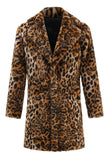 Mid-Length Brown Leopard Print Faux Fur Men's Winter Coat with Lapel Collar