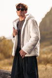 Ivory Faux Fur Zip-Up Hoodie Long Sleeves Men's Winter Coat