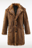 Brown Notched Lapel Long Men's Shearling Coat with Buttons