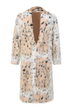 White Men's Mid-length Printed Leopard Faux Fur Coat