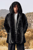 Black Puffy Long Sleeve Hooded Faux Fur Winter Men's Coat