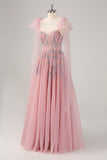 Pink A-Line Long Prom Dress with Appliques