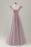 Grey Pink Floral A-Line Long Prom Dress with Short Sleeves