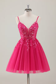 Fuchsia A-Line Spaghetti Straps Sequins Short Homecoming Dress with Appliques
