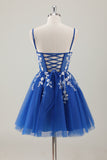 Royal Blue Spaghetti Straps Short Homecoming Dress with Appliques