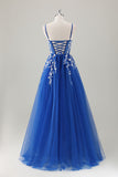 Royal Blue Ball-Gown Long Appliqued Prom Dress with Slit