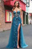 Peacock Blue Mermaid Streamer Strapless Corset Long Prom Dress with Slit