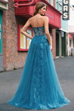 Peacock Blue Mermaid Streamer Strapless Corset Long Prom Dress with Slit