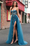 Peacock Blue Mermaid Streamer Strapless Corset Long Prom Dress with Slit