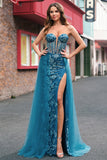 Peacock Blue Mermaid Streamer Strapless Corset Long Prom Dress with Slit