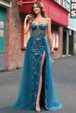 Peacock Blue Mermaid Streamer Strapless Corset Long Prom Dress with Slit