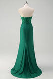 Sparkly Green Mermaid Strapless Corset Long Prom Dress with Slit