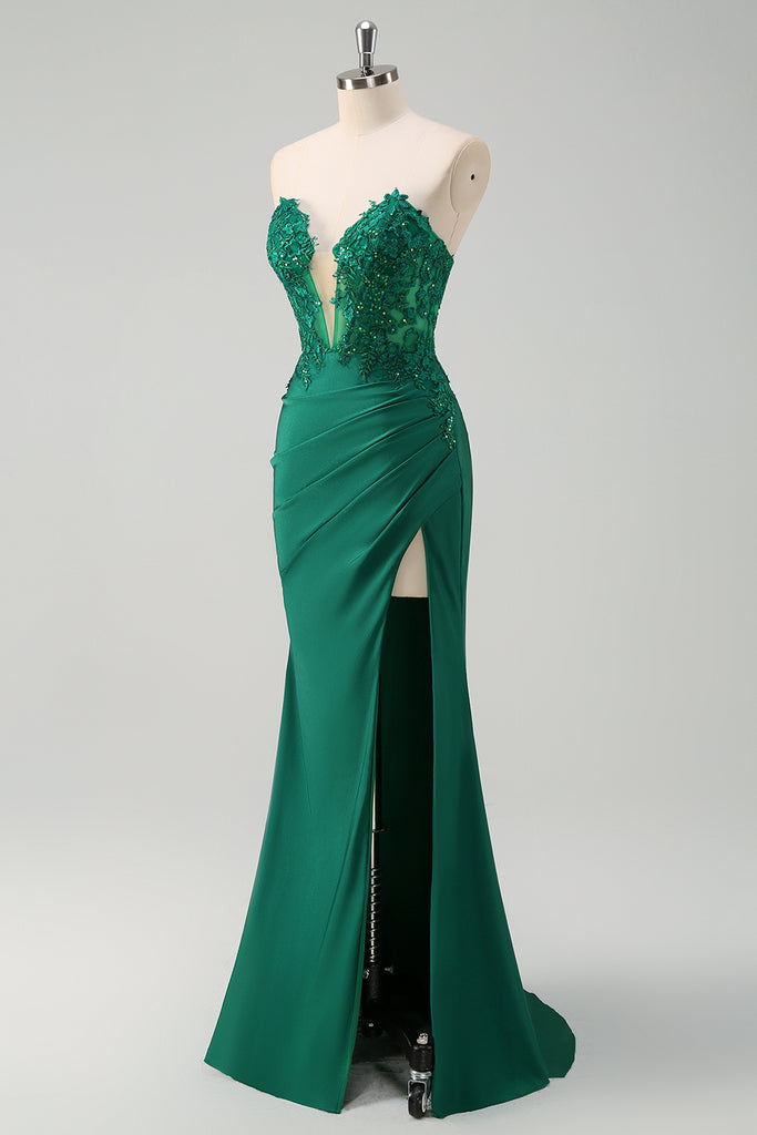 ZAPAKA Women Sparky Green Long Prom Dress Mermaid Strapless Appliques ...