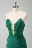 Sparkly Green Mermaid Strapless Corset Long Prom Dress with Slit