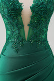 Sparkly Green Mermaid Strapless Corset Long Prom Dress with Slit