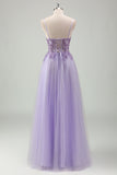 Sparkly Purple A-Line Spaghetti Straps Corset Long Prom Dress with Appliques