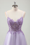 Sparkly Purple A-Line Spaghetti Straps Corset Long Prom Dress with Appliques