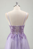 Sparkly Purple A-Line Spaghetti Straps Corset Long Prom Dress with Appliques