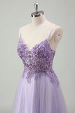 Sparkly Purple A-Line Spaghetti Straps Corset Long Prom Dress with Appliques