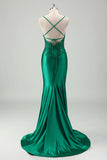 Sparkly Green Mermaid Spaghetti Straps Satin Long Prom Dress with Appliques