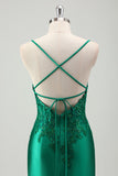 Sparkly Green Mermaid Spaghetti Straps Satin Long Prom Dress with Appliques