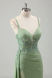 Sparkly Light Green Mermaid Spaghetti Straps Appliques Long Prom Dress with Slit