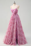 Pinkish Purple A-Line Floral Spaghetti Straps Long Prom Dress with Slit