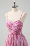 Pinkish Purple A-Line Floral Spaghetti Straps Long Prom Dress with Slit