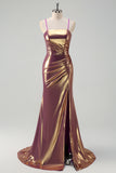 Metallic Golden Mermaid Spaghetti Straps Long Prom Dress with Slit