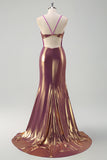 Metallic Golden Mermaid Spaghetti Straps Long Prom Dress with Slit