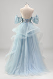 Blue Strapless Sparkly Sequins Tulle A Line Pleated Prom Dress