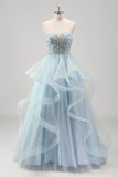 Blue Strapless Sparkly Sequins Tulle A Line Pleated Prom Dress