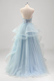 Blue Strapless Sparkly Sequins Tulle A Line Pleated Prom Dress