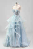 Blue Strapless Sparkly Sequins Tulle A Line Pleated Prom Dress