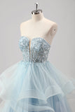 Blue Strapless Sparkly Sequins Tulle A Line Pleated Prom Dress