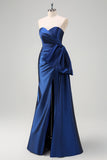 Dark Blue Strapless Pleated Long Prom Dress with Draped Bow Accent