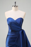 Dark Blue Strapless Pleated Long Prom Dress with Draped Bow Accent