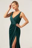 Dark Green Sheath V Neck Ruched High-Low Bridesmaid Dress with Slit